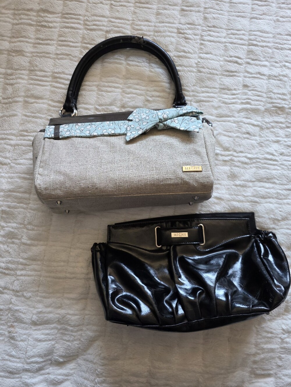 Miche Beige and Black Handbag Set with Blue Scarf Accent